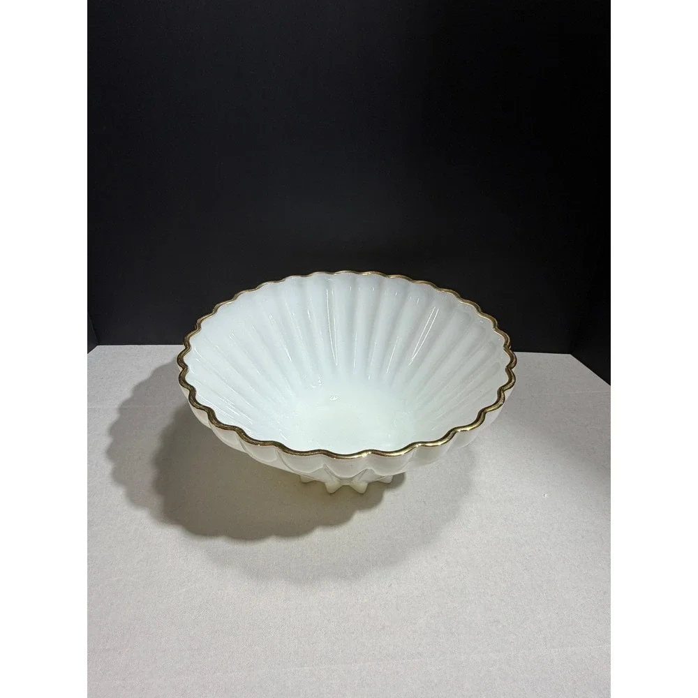 Vintage Fire-King Milk Glass Ribbed Bowl Scalloped Gold Trim Mid-Century Modern